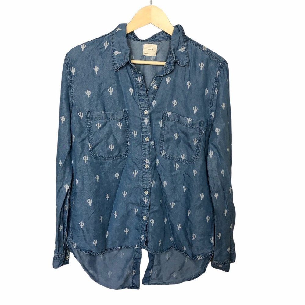 Harper Womens Shirt Button Down Chambray Denim Cactus Cacti Western Split Back L